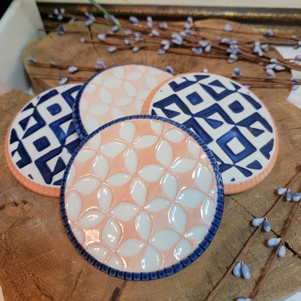 4 Anthropologie Geometric Ceramic Coasters HTF